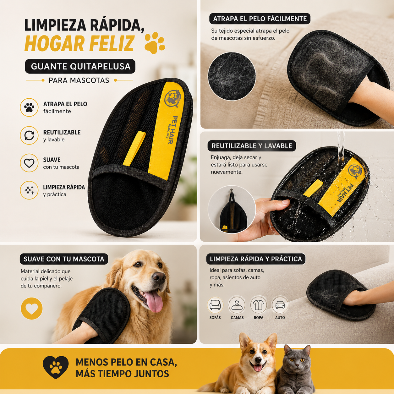 PawClean™ – Elimina el pelo de mascotas en una sola pasada.